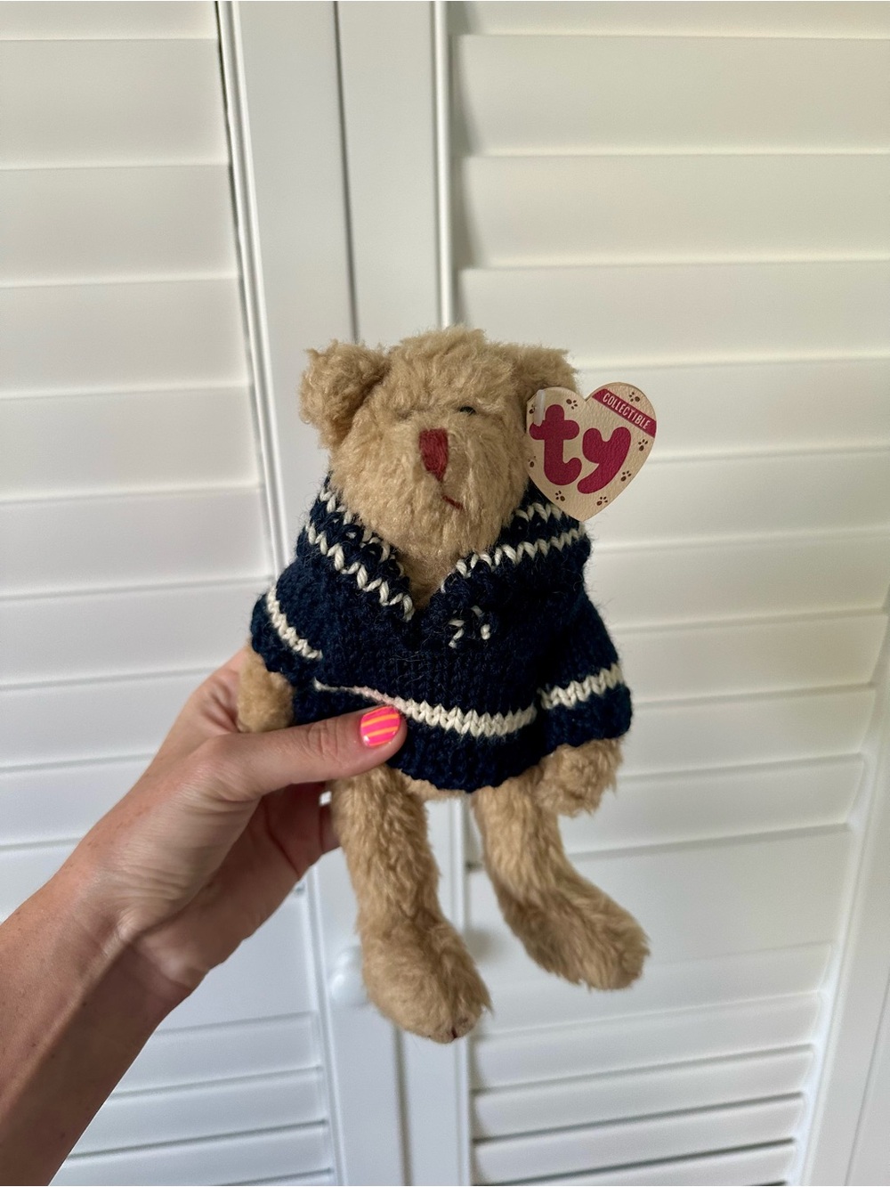 TY Beanie Tan Bear with blue and white sweater Kids Plush